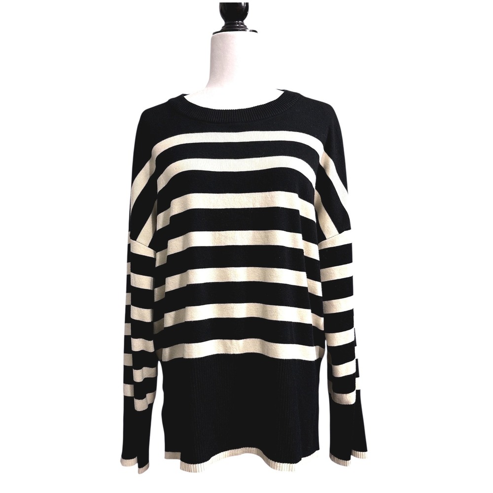 TRUTH‎ BY REPUBLIC Black White Striped Crew Neck Long Sleeve Sweater XL